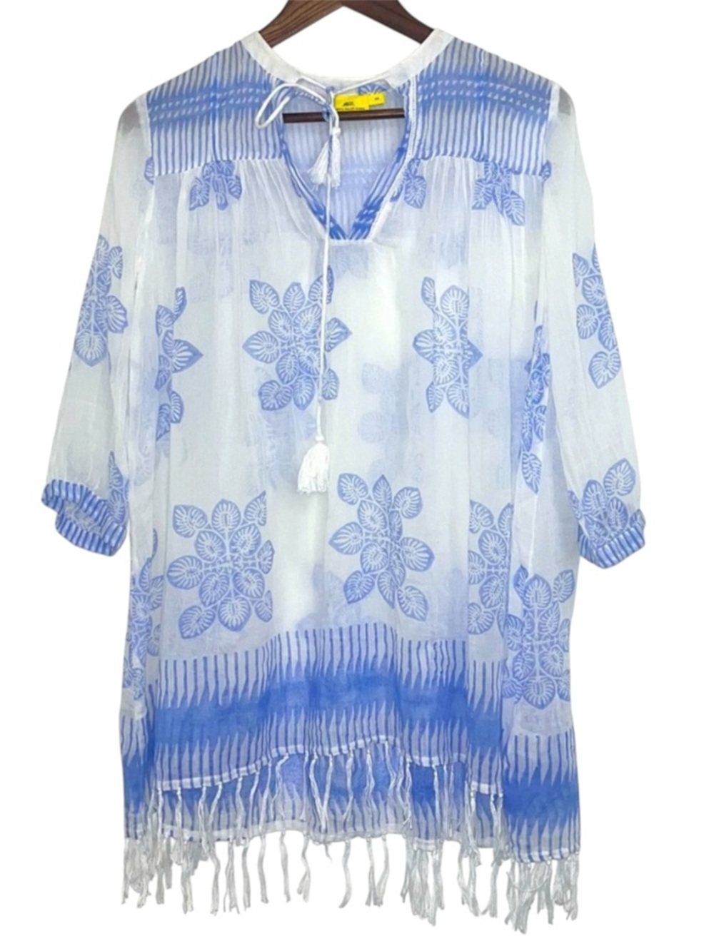 Roller Rabbit Blue Floral Cotton Tunic Beach Coverup Fringe Boho Tassel XS